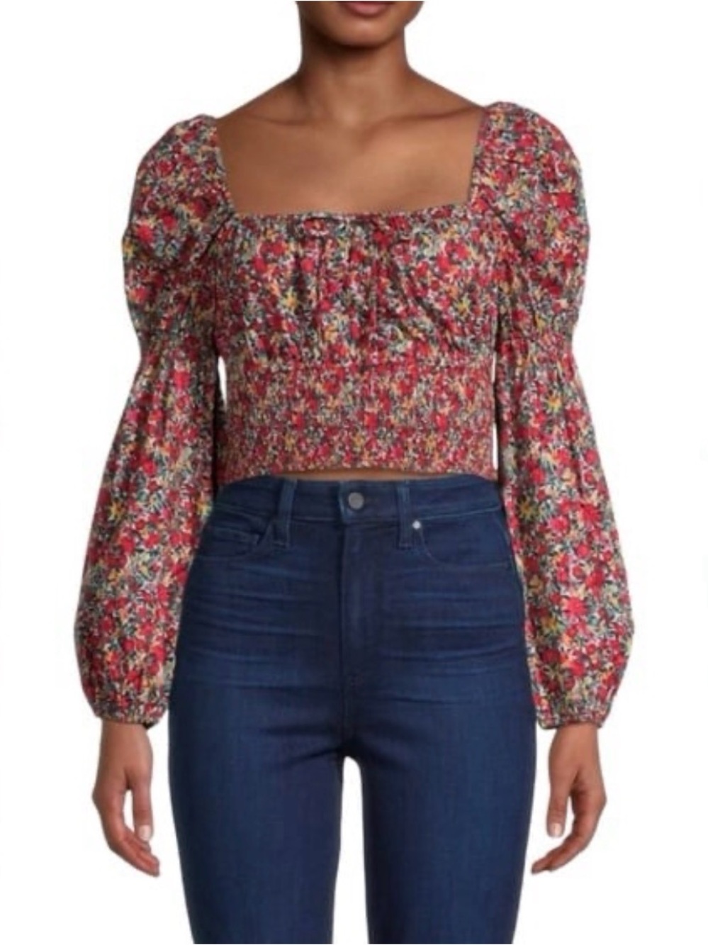 Arula Floral Smocked Crop Top Size C 3X Puff Sleeve Square Neck